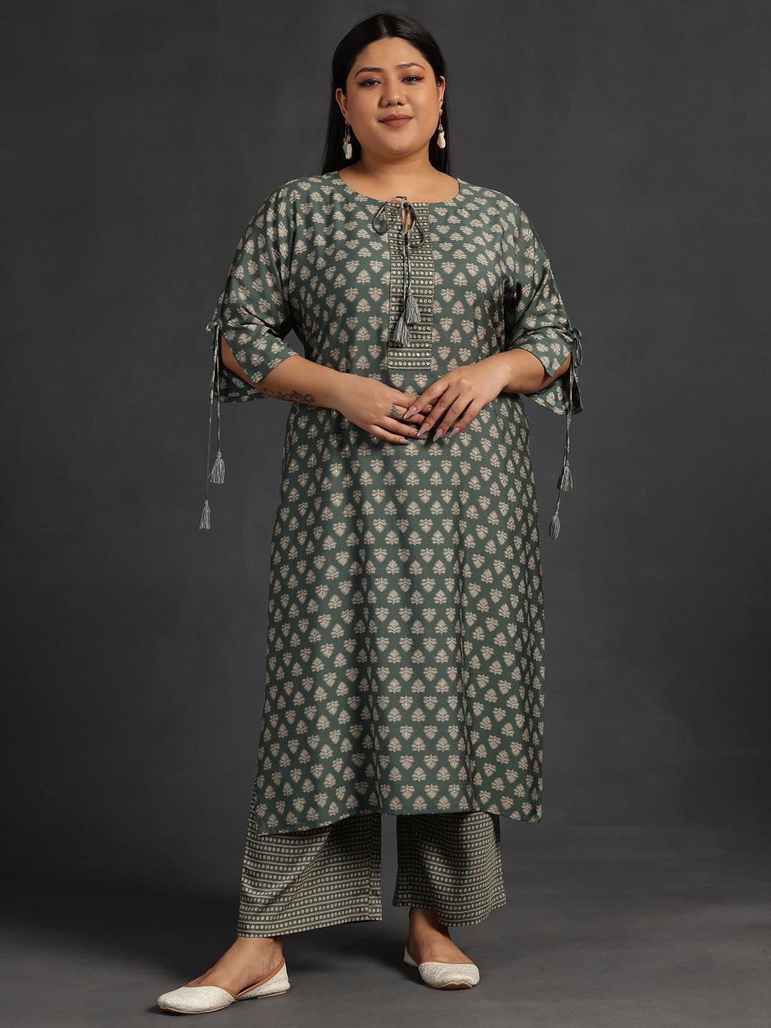 Plus Size Green Printed Silk Blend Straight Kurta Set - Jashvi