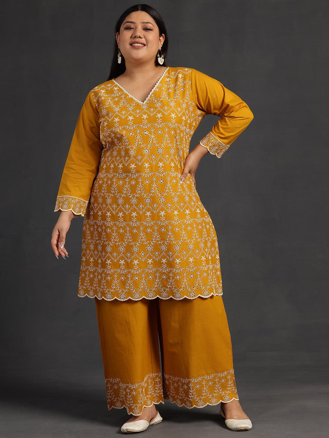 Plus Size Mustard Embroidered Cotton Co-Ords - Jashvi