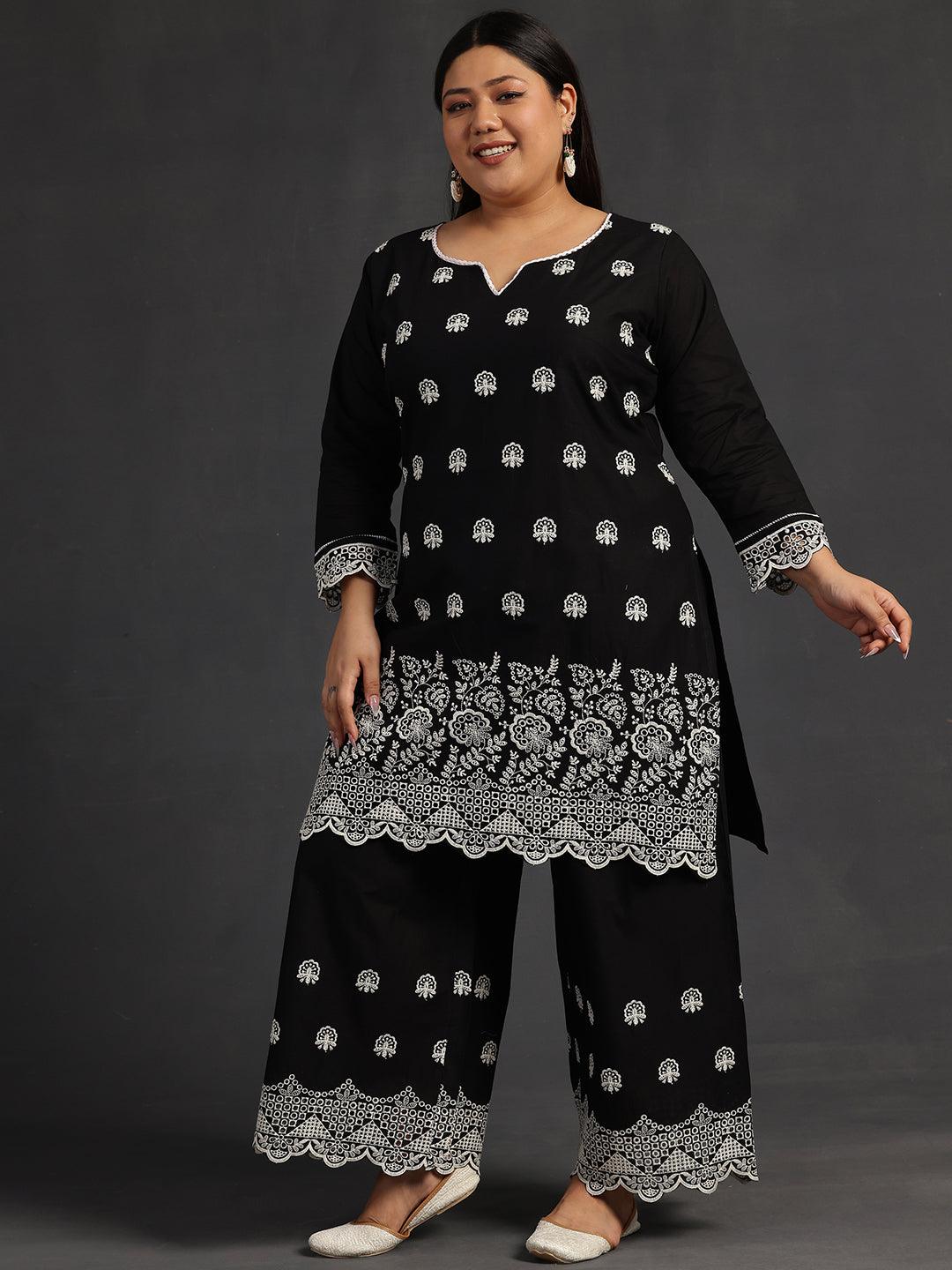 Plus Size Black Embroidered Cotton Co-Ords - Jashvi