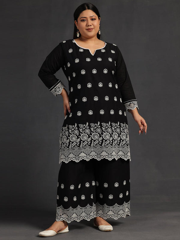 Plus Size Black Embroidered Cotton Co-Ords