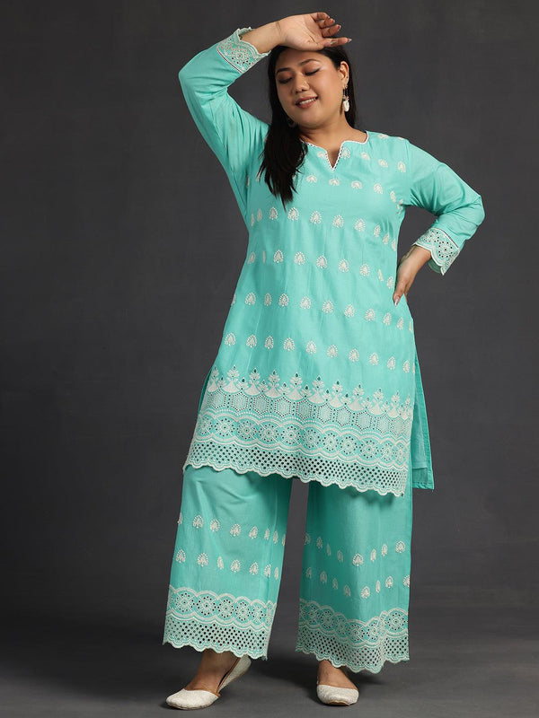 Plus Size Green Embroidered Cotton Co-Ords - Jashvi