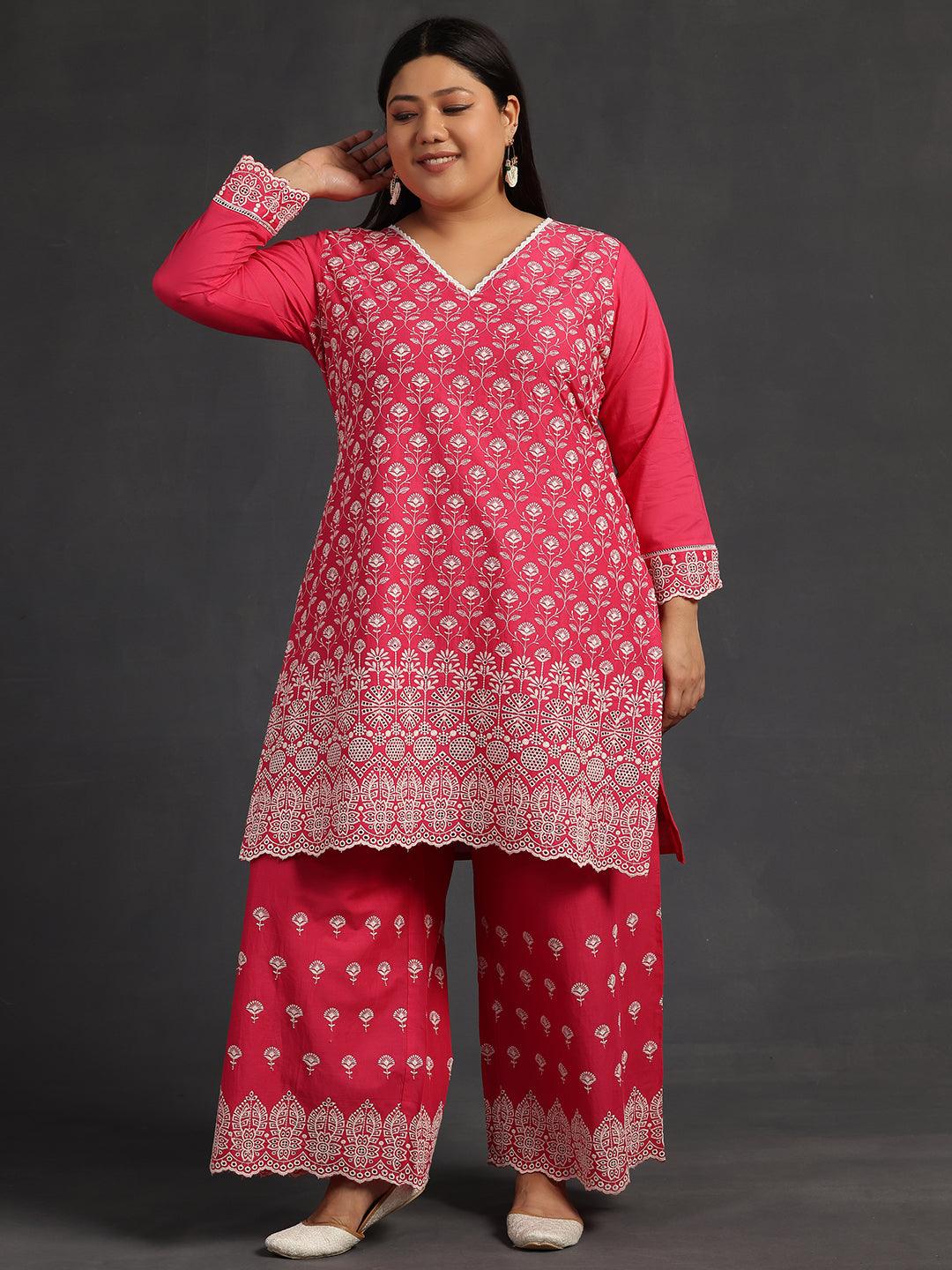 Plus Size Pink Embroidered Cotton Co-Ords - Jashvi