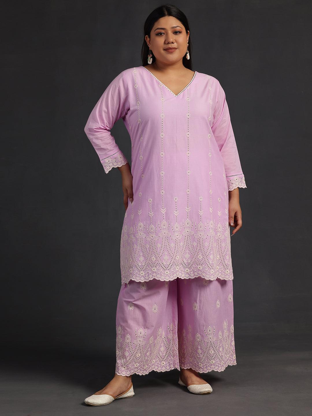 Plus Size Lavender Embroidered Cotton Co-Ords - Jashvi