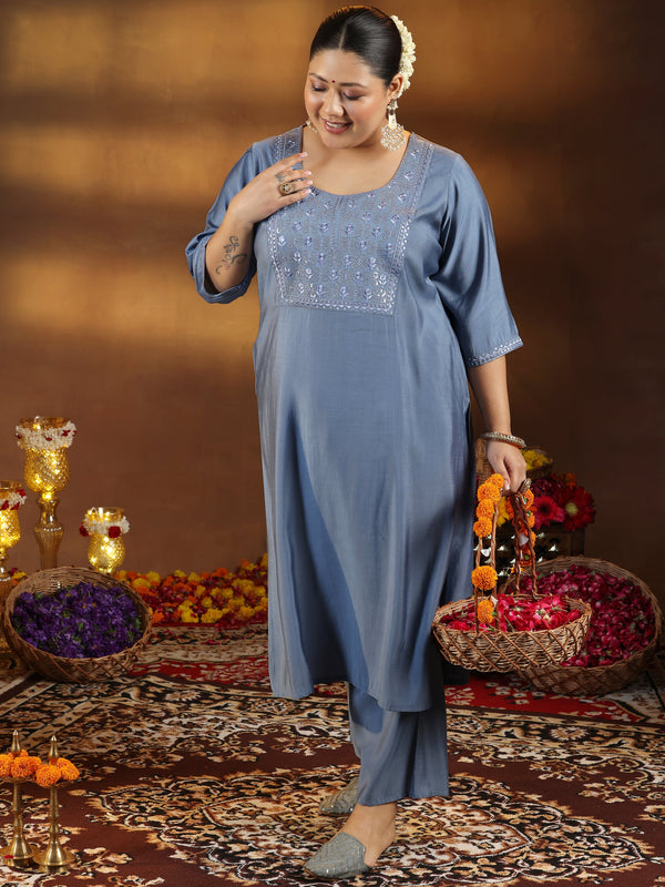 Plus Size Grey Yoke Design Silk Blend Straight Kurta Set