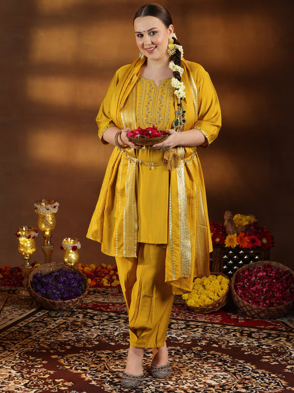 Plus Size Yellow Yoke Design Silk Blend Straight Suit With Dupatta