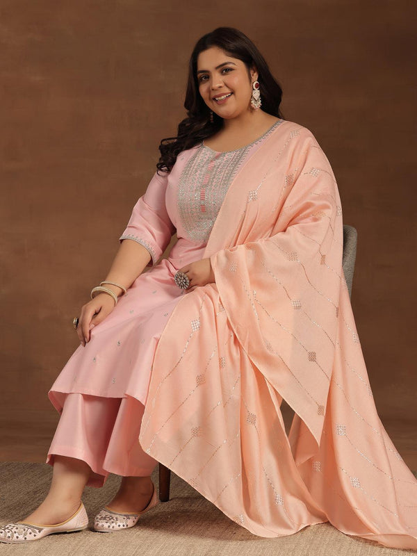 Plus Size Pink Embroidered Silk Blend Straight Suit With Dupatta - Jashvi