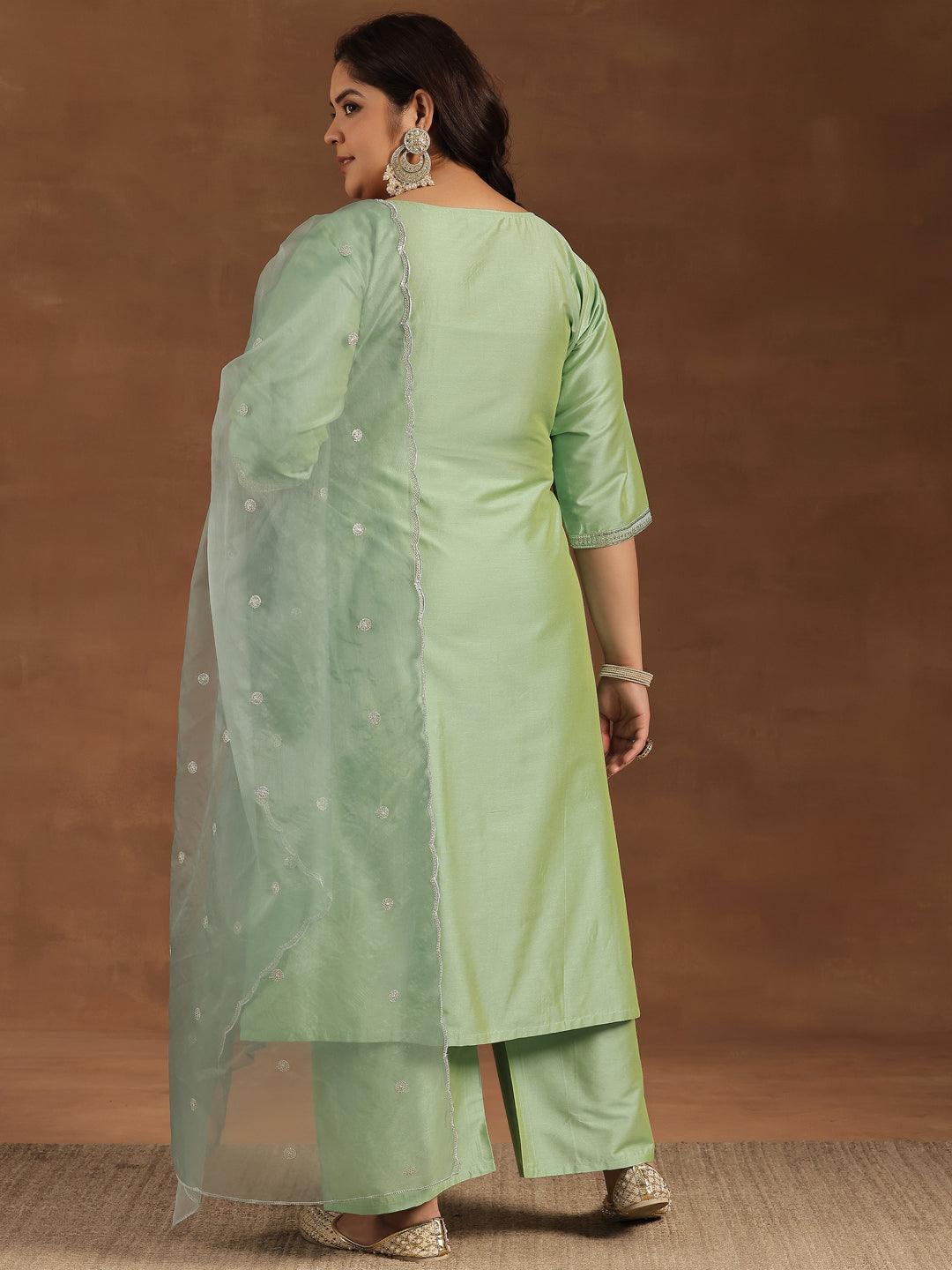 Plus Size Green Embroidered Silk Blend Straight Suit With Dupatta - Jashvi