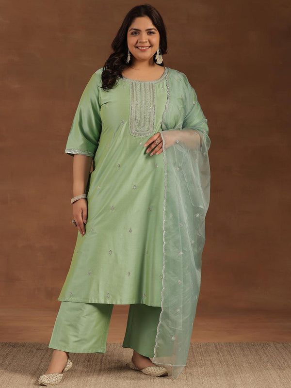 Plus Size Green Embroidered Silk Blend Straight Suit With Dupatta