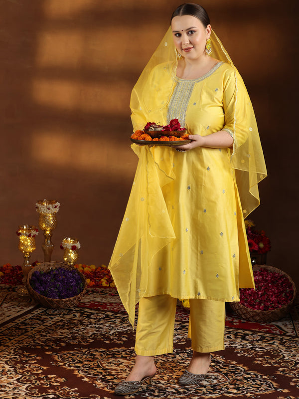 Plus Size Yellow Embroidered Silk Blend Straight Suit With Dupatta