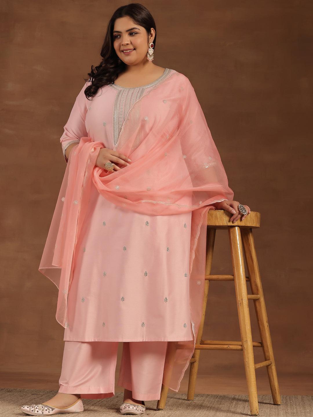 Plus Size Pink Embroidered Silk Blend Straight Suit With Dupatta - Jashvi