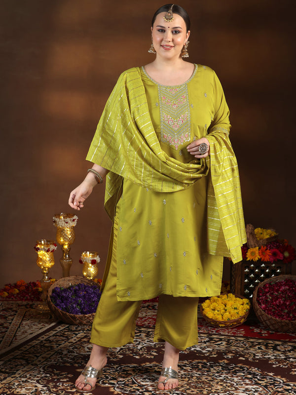 Plus Size Yellow Embroidered Silk Blend Straight Suit With Dupatta