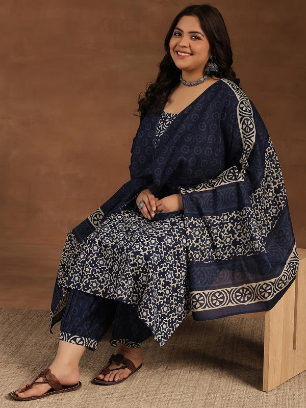 Plus Size Blue Printed Cotton Straight Suit With Dupatta - Jashvi