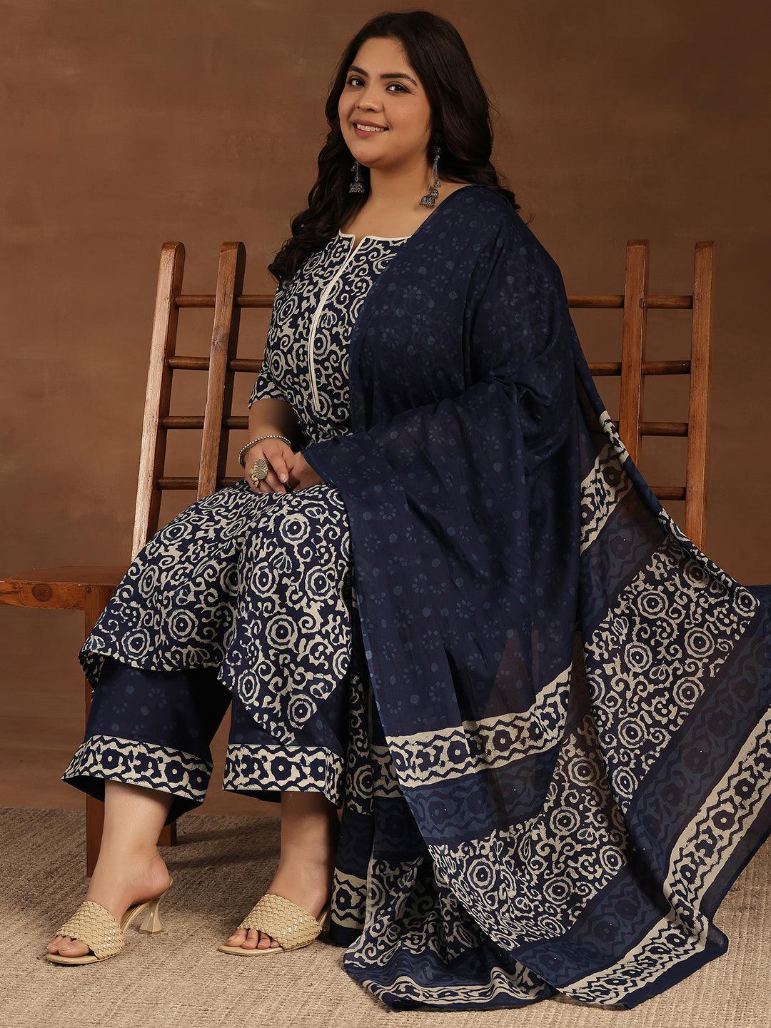 Plus Size Blue Printed Cotton Straight Suit With Dupatta - Jashvi