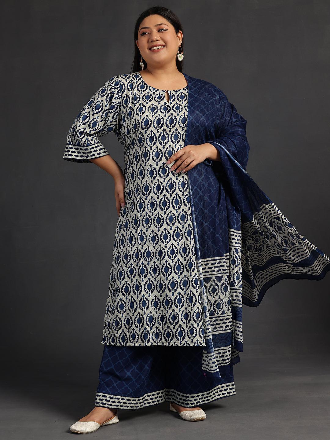 Plus Size Blue Printed Cotton Straight Suit With Dupatta - Jashvi