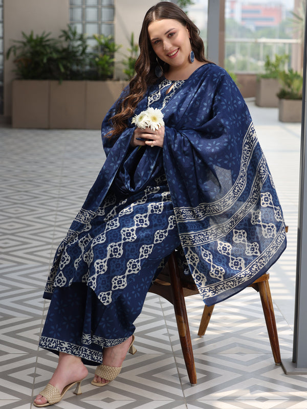 Plus Size Blue Printed Cotton Straight Suit With Dupatta