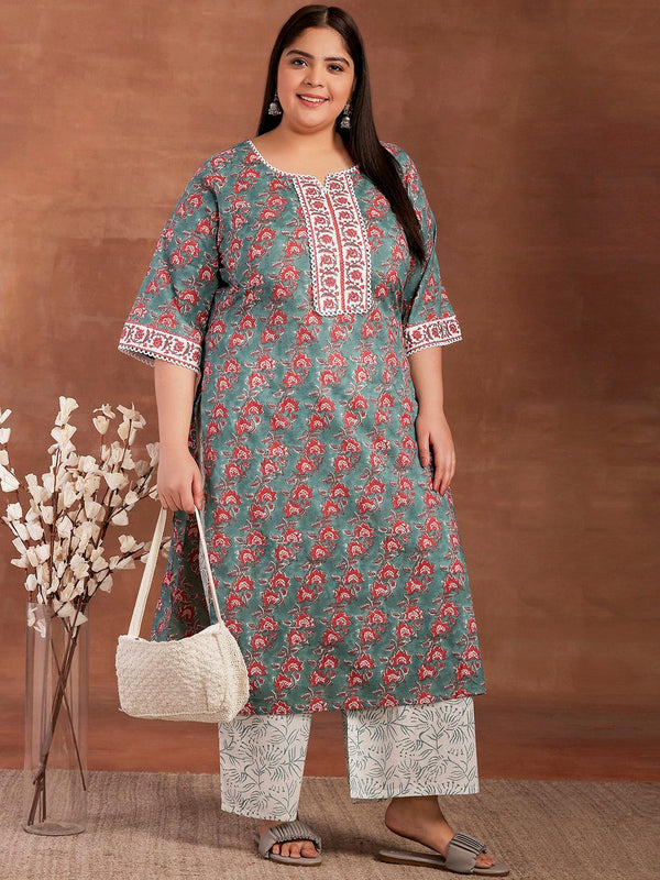 Plus Size Green Printed Cotton Straight Kurta With Palazzos - Jashvi