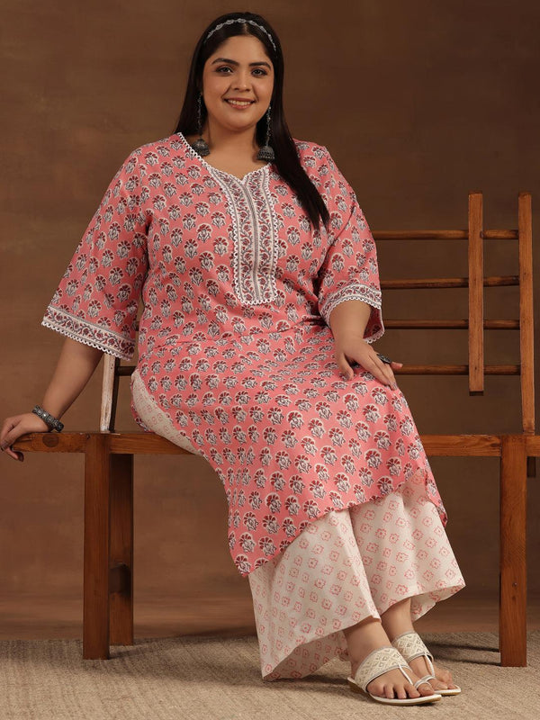 Plus Size Peach Printed Cotton Straight Kurta Set - Jashvi