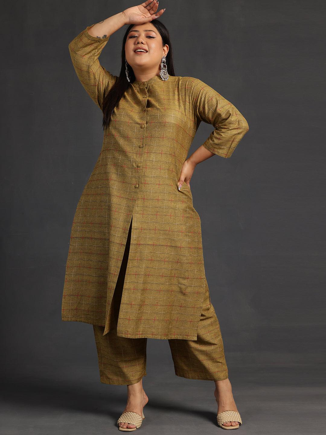 Plus Size Mustard Self Design Cotton Straight Kurta Set - Jashvi