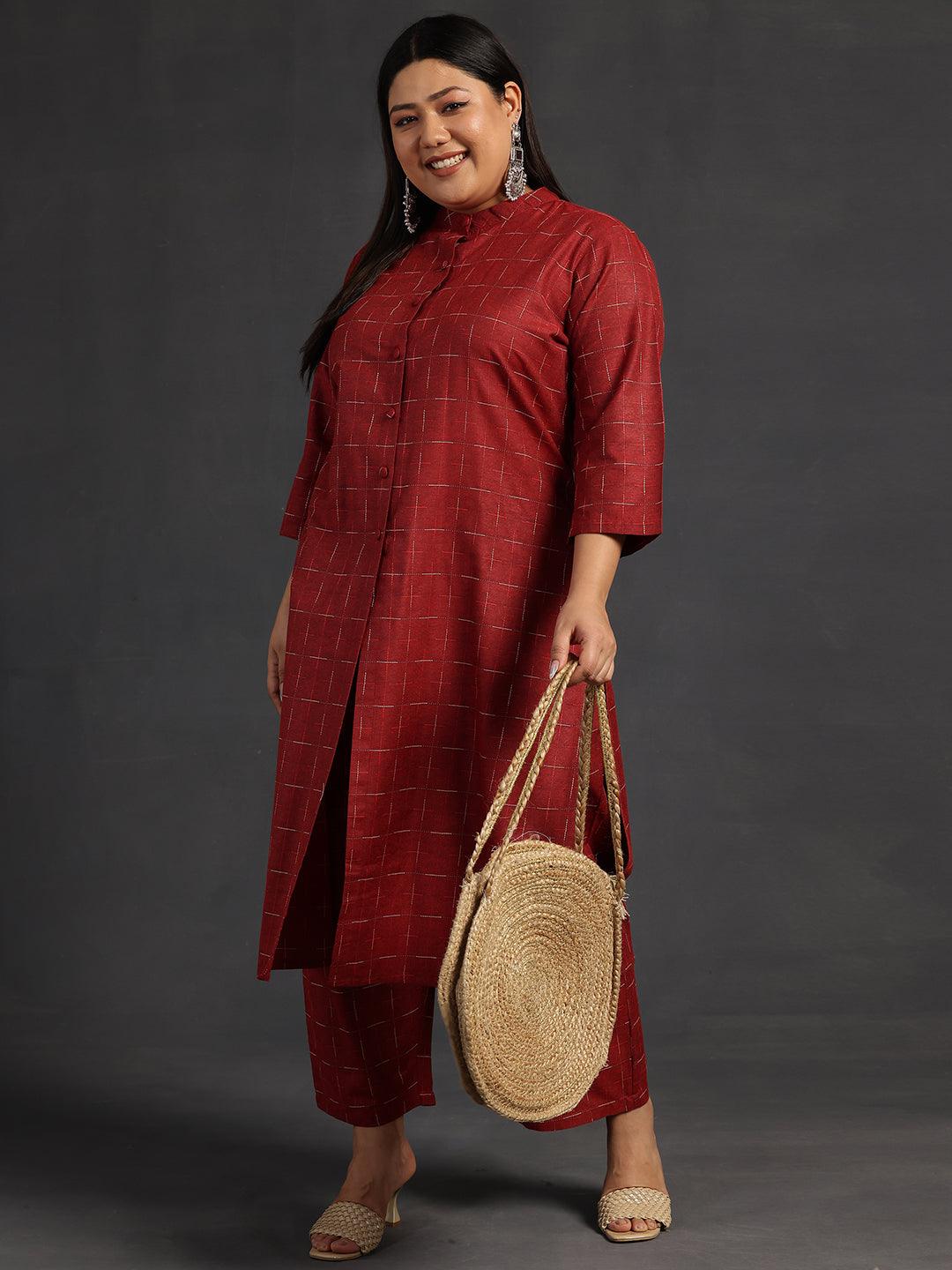 Plus Size Maroon Self Design Cotton Straight Kurta Set - Jashvi