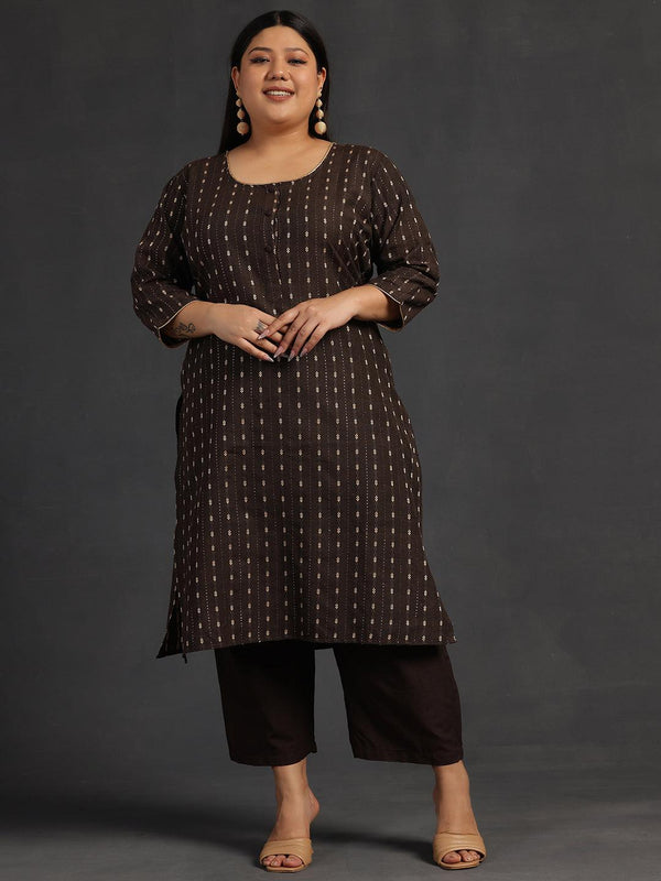 Plus Size Brown Self Design Cotton Straight Kurta Set - Jashvi