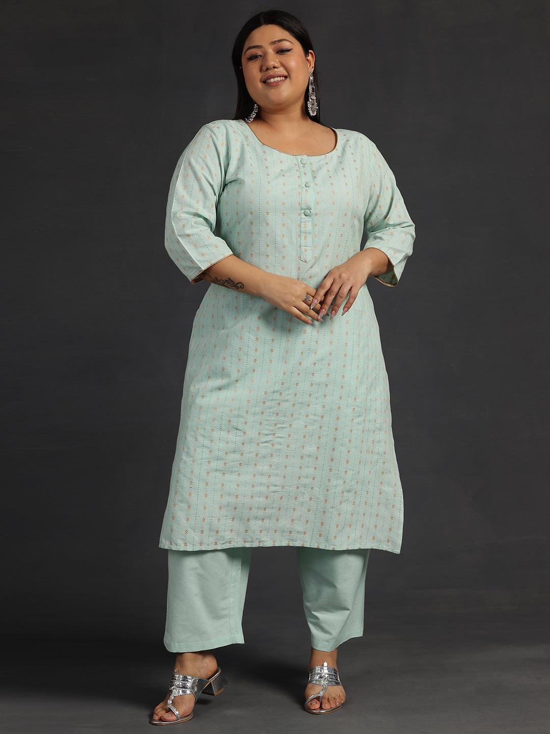 Plus Size Green Self Design Cotton Straight Kurta Set - Jashvi