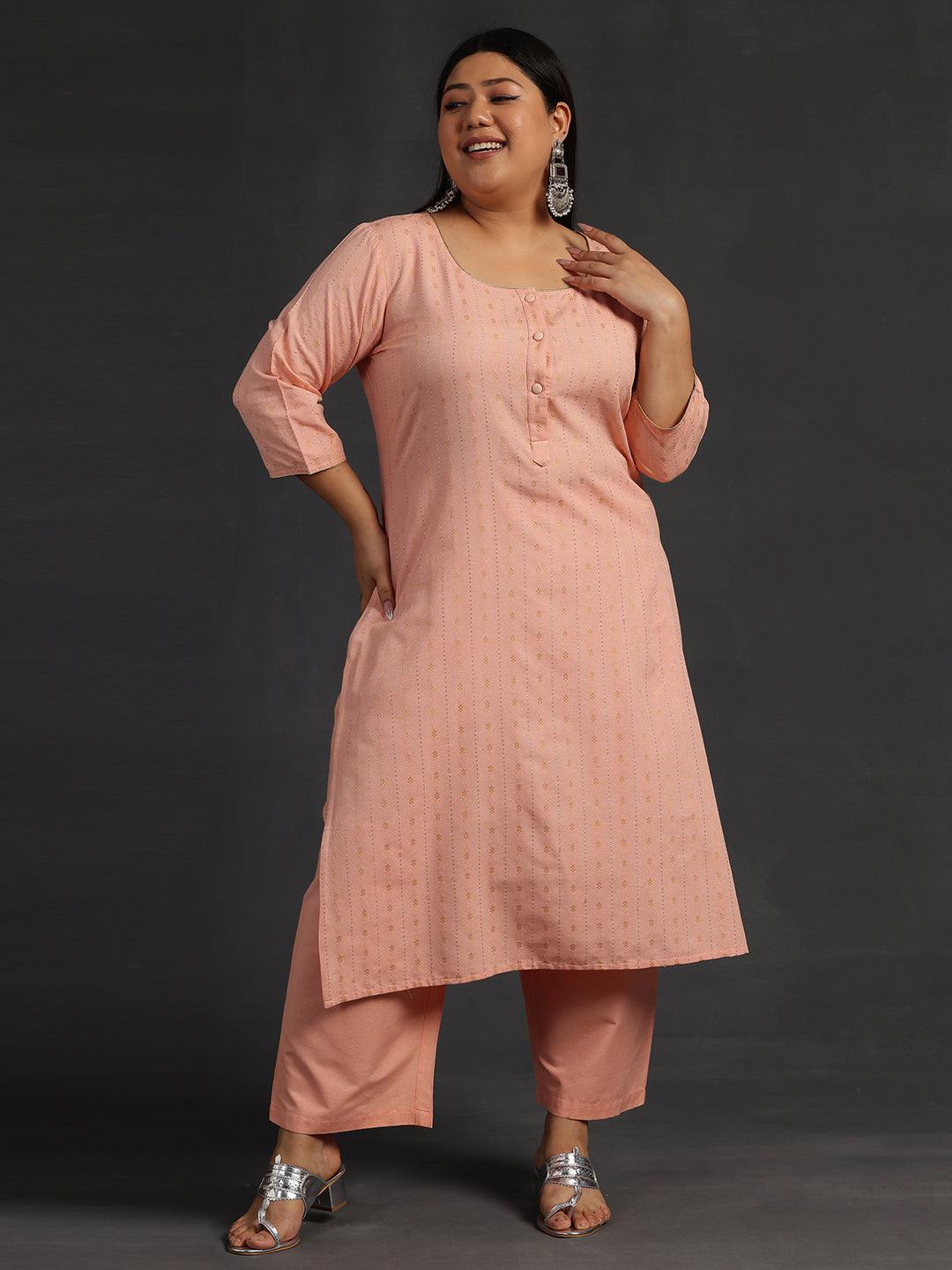 Plus Size Peach Self Design Cotton Straight Kurta Set - Jashvi