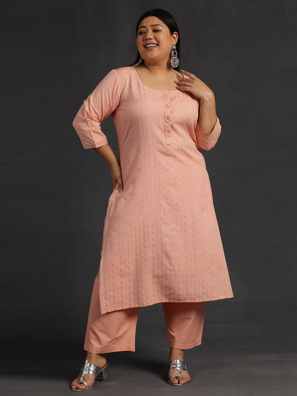 Plus Size Peach Self Design Cotton Straight Kurta Set - Jashvi