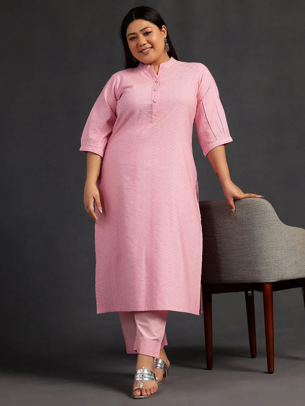 Plus Size Pink Self Design Cotton Straight Kurta Set