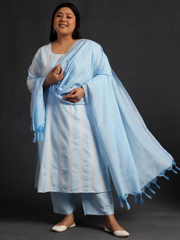 Plus Size Blue Self Design Cotton Straight Suit With Dupatta - Jashvi