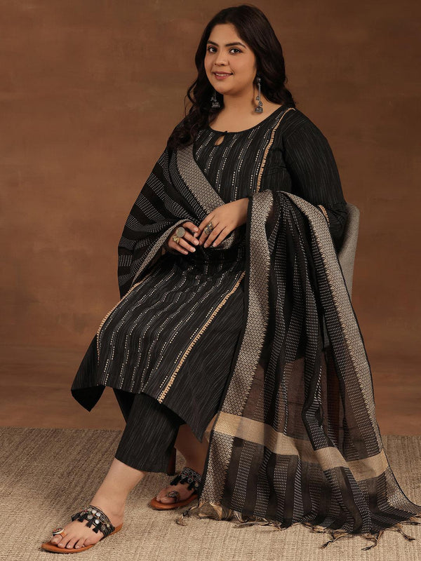 Plus Size Black Self Design Cotton Blend Straight Suit With Dupatta - Jashvi