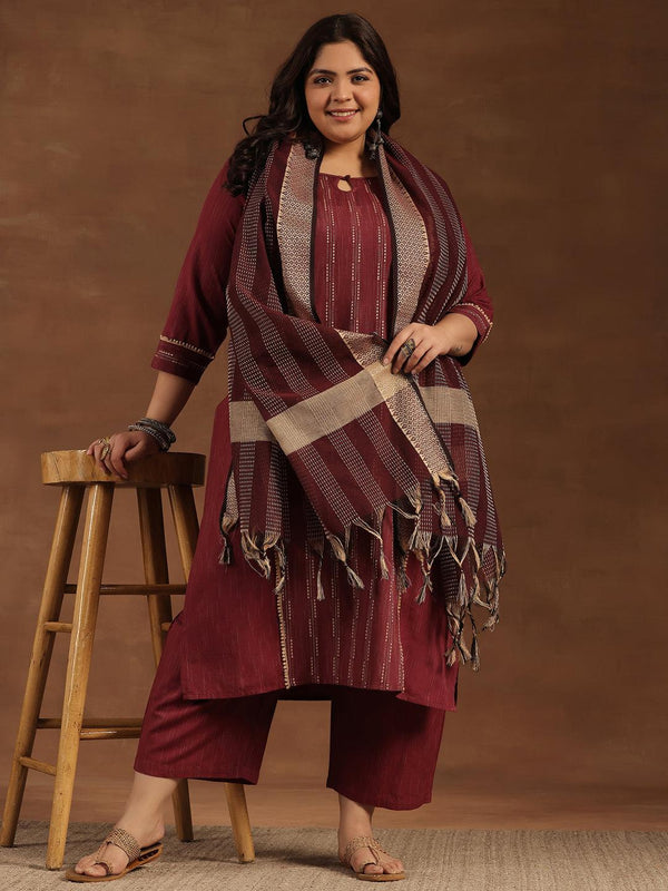 Plus Size Maroon Self Design Cotton Blend Straight Suit With Dupatta - Jashvi