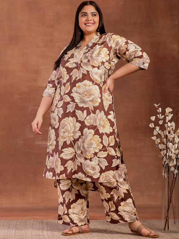 Plus Size Brown Printed Silk Blend Co-Ords - Jashvi