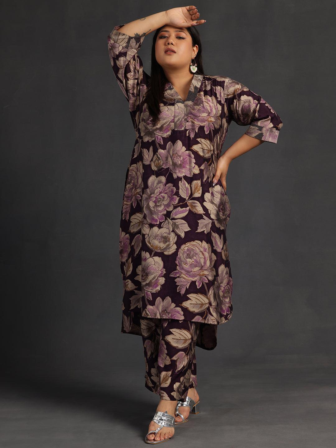 Plus Size Purple Printed Silk Blend Co-Ords - Jashvi