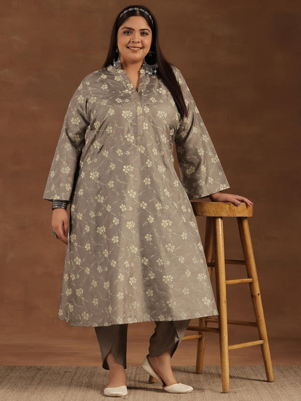 Plus Size Grey Printed Silk Blend Straight Kurta Set - Jashvi