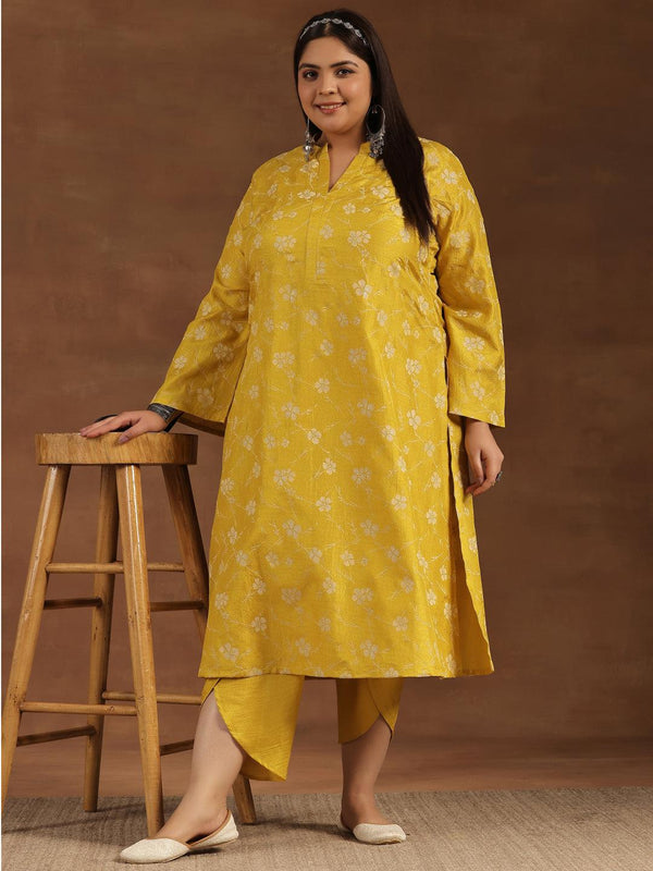 Plus Size Mustard Printed Silk Blend Straight Kurta Set - Jashvi