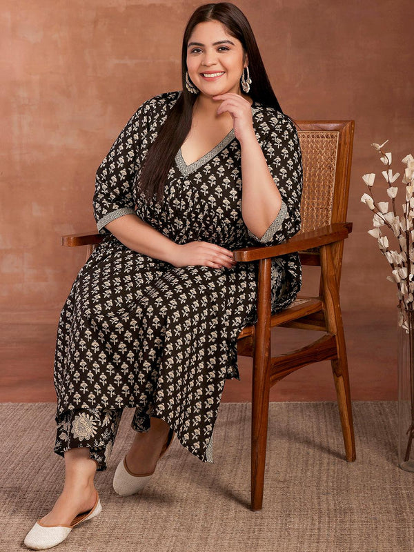 Plus Size Black Printed Cotton A-Line Kurta With Palazzos - Jashvi