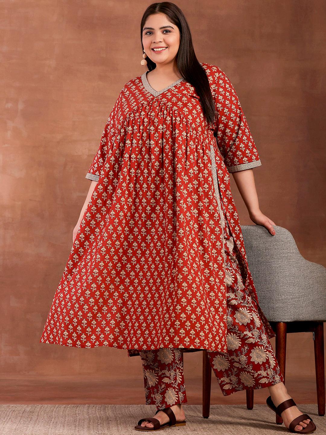 Plus Size Rust Printed Cotton A-Line Kurta With Palazzos - Jashvi