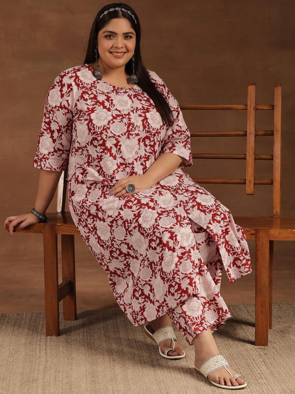 Plus Size Maroon Printed Cotton Co-Ords - Jashvi