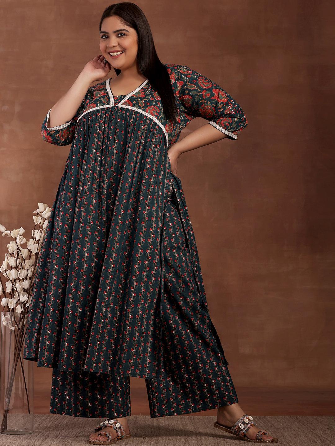 Plus Size Blue Printed Cotton A-Line Kurta With Palazzos - Jashvi