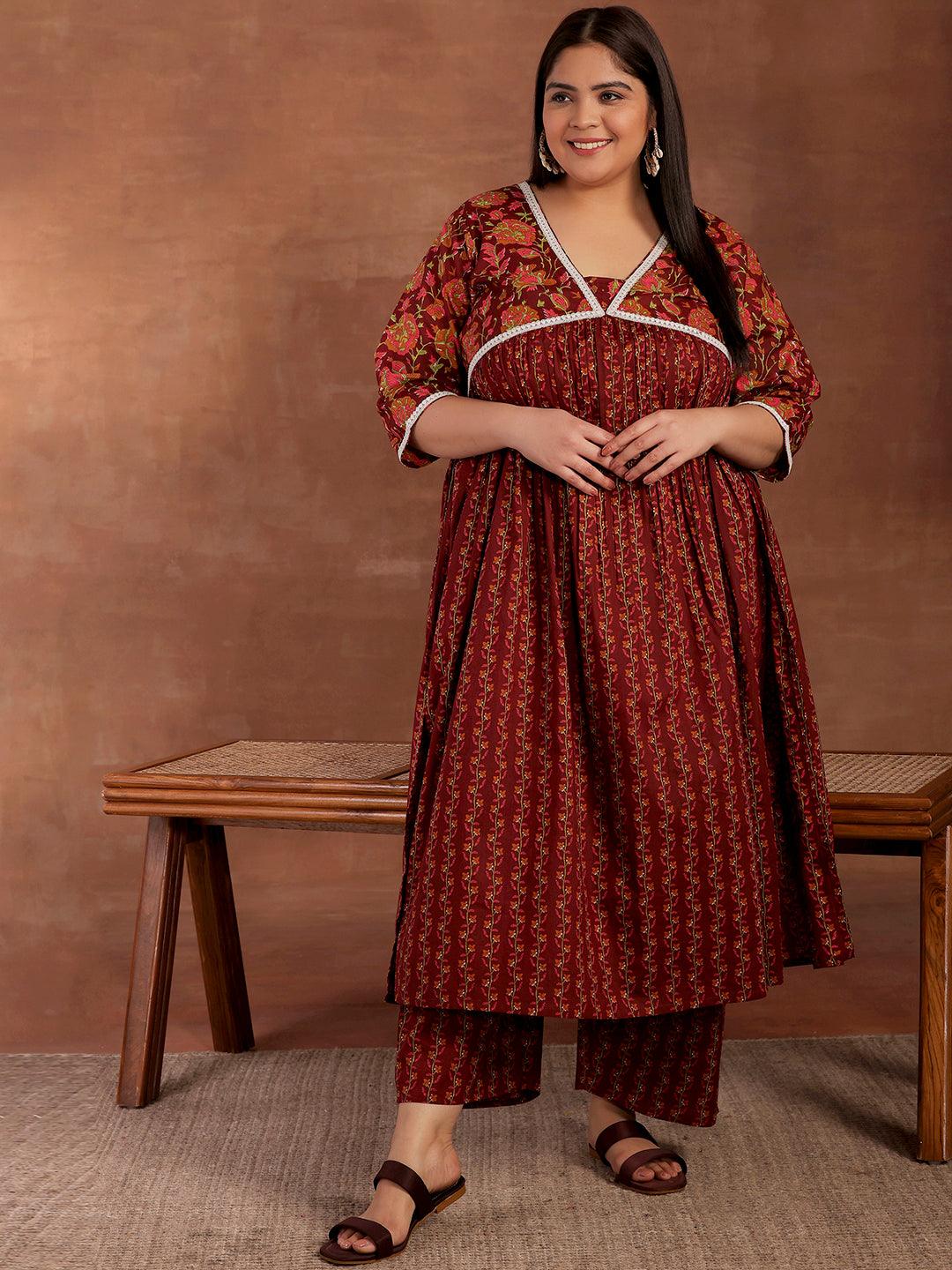 Plus Size Rust Printed Cotton A-Line Kurta With Palazzos - Jashvi