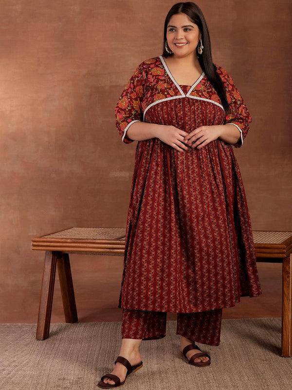 Plus Size Rust Printed Cotton A-Line Kurta With Palazzos - Jashvi