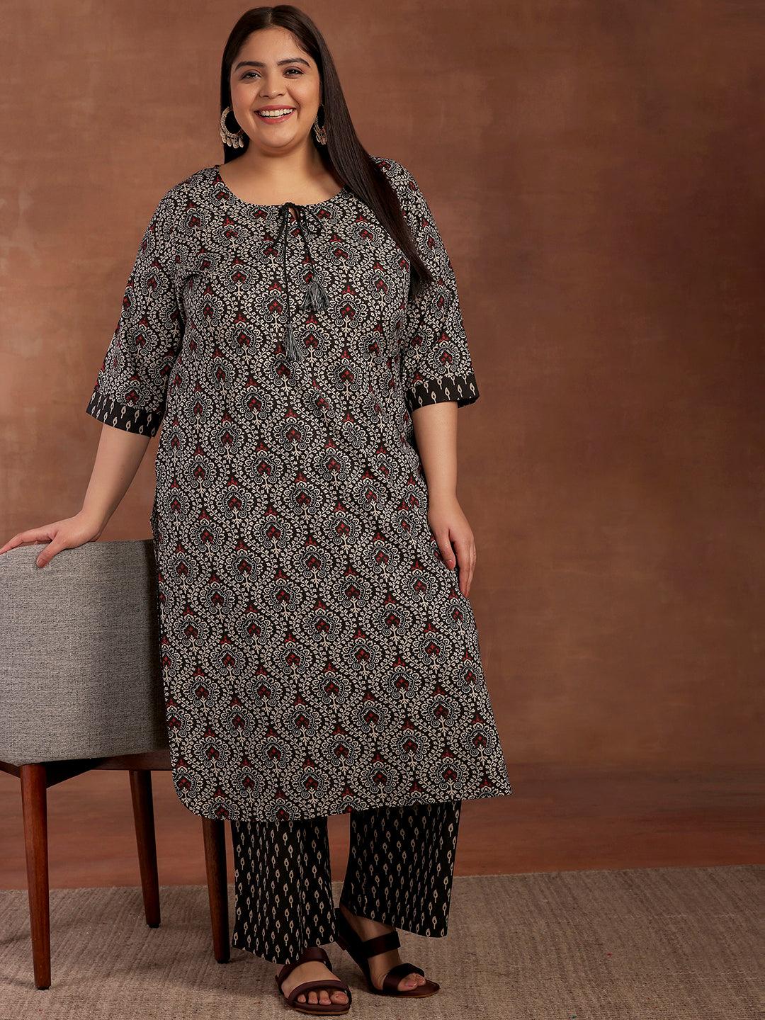 Plus Size Black Printed Cotton Straight Kurta With Palazzos - Jashvi