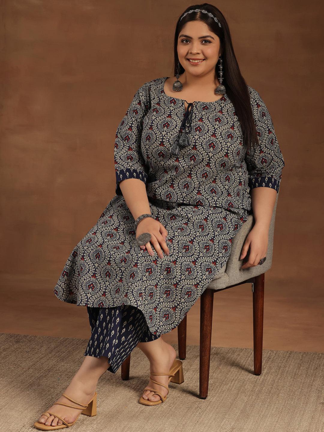 Plus Size Blue Printed Cotton Straight Kurta Set - Jashvi