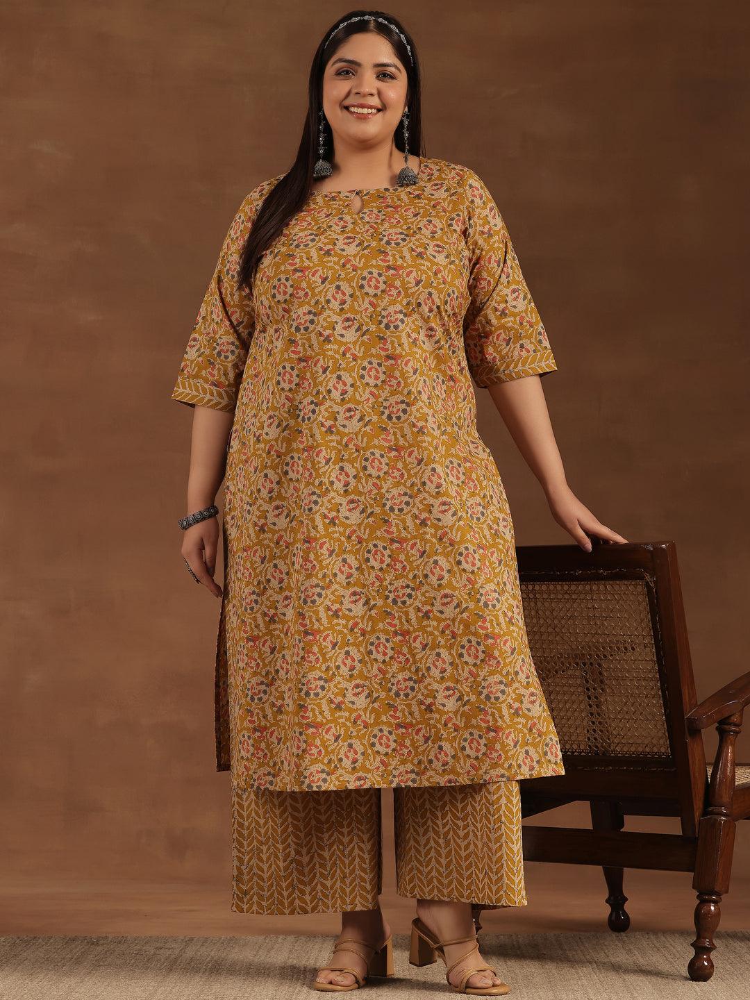 Plus Size Mustard Printed Cotton Straight Kurta Set - Jashvi