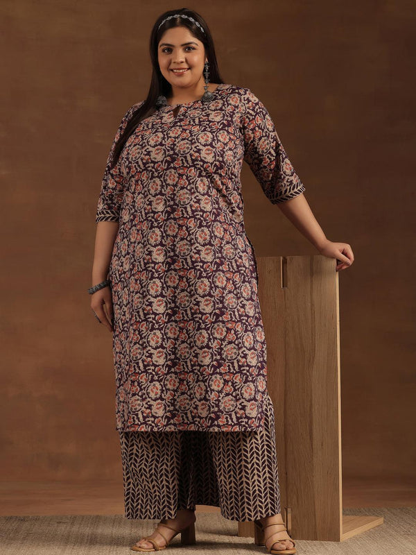 Plus Size Purple Printed Cotton Straight Kurta Set - Jashvi