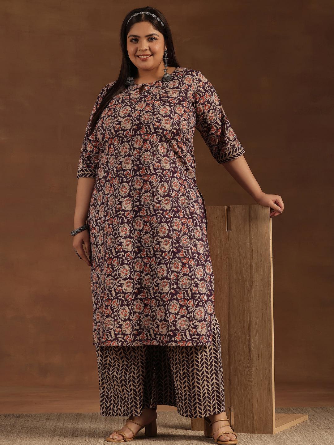 Plus Size Purple Printed Cotton Straight Kurta Set - Jashvi