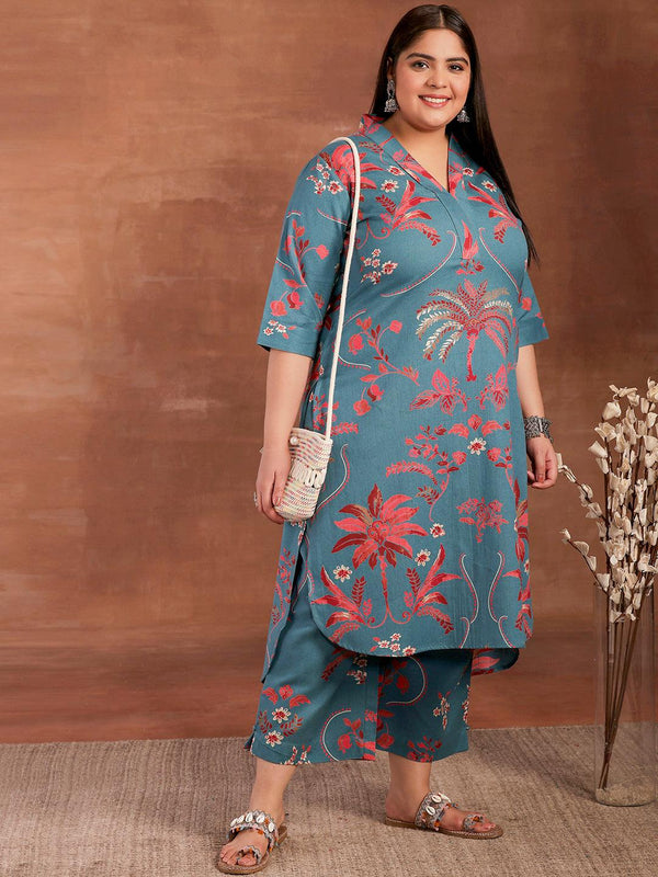 Plus Size Blue Printed Cotton Co-Ords - Jashvi