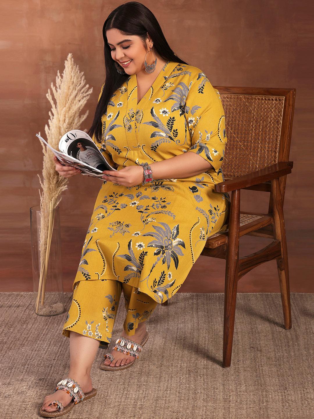 Plus Size Mustard Printed Cotton Co-Ords - Jashvi