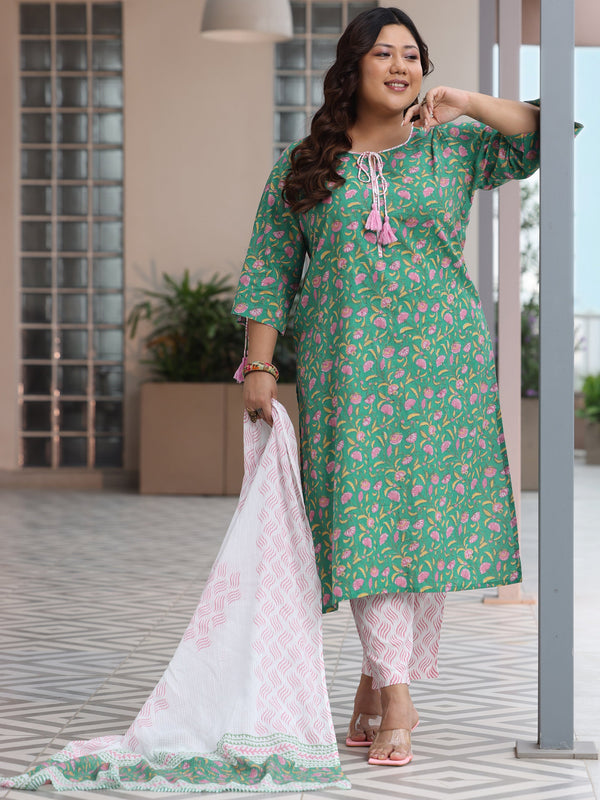 Plus Size Green Printed Cotton Straight Suit With Dupatta