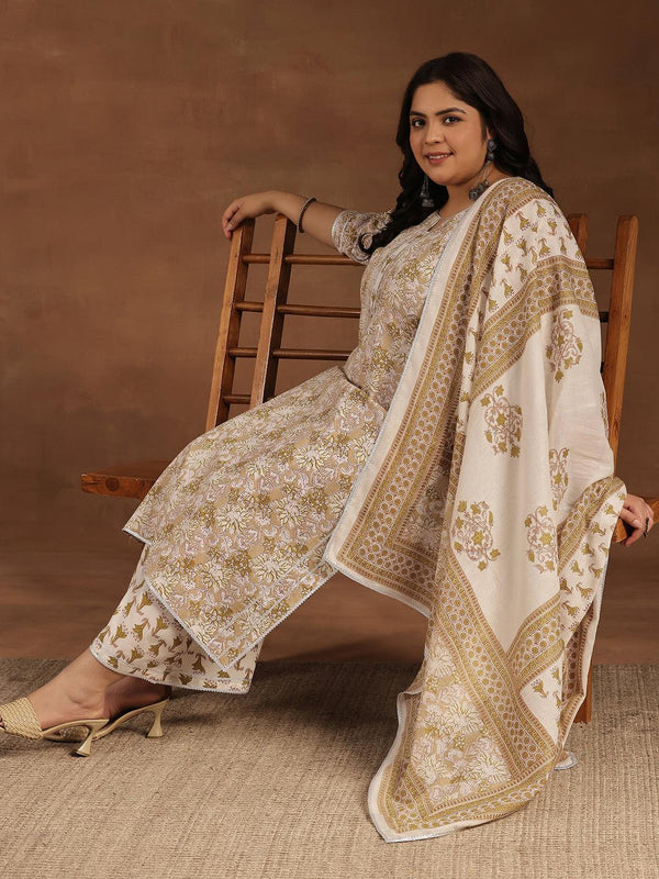 Plus Size Beige Printed Cotton Straight Suit With Dupatta - Jashvi